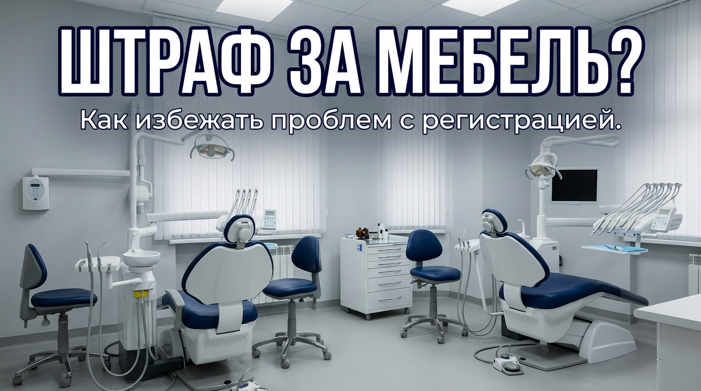Медицинская тумба в кабинете врача рядом с бланком регистрационного удостоверения, символизирующая защиту клиники от штрафов